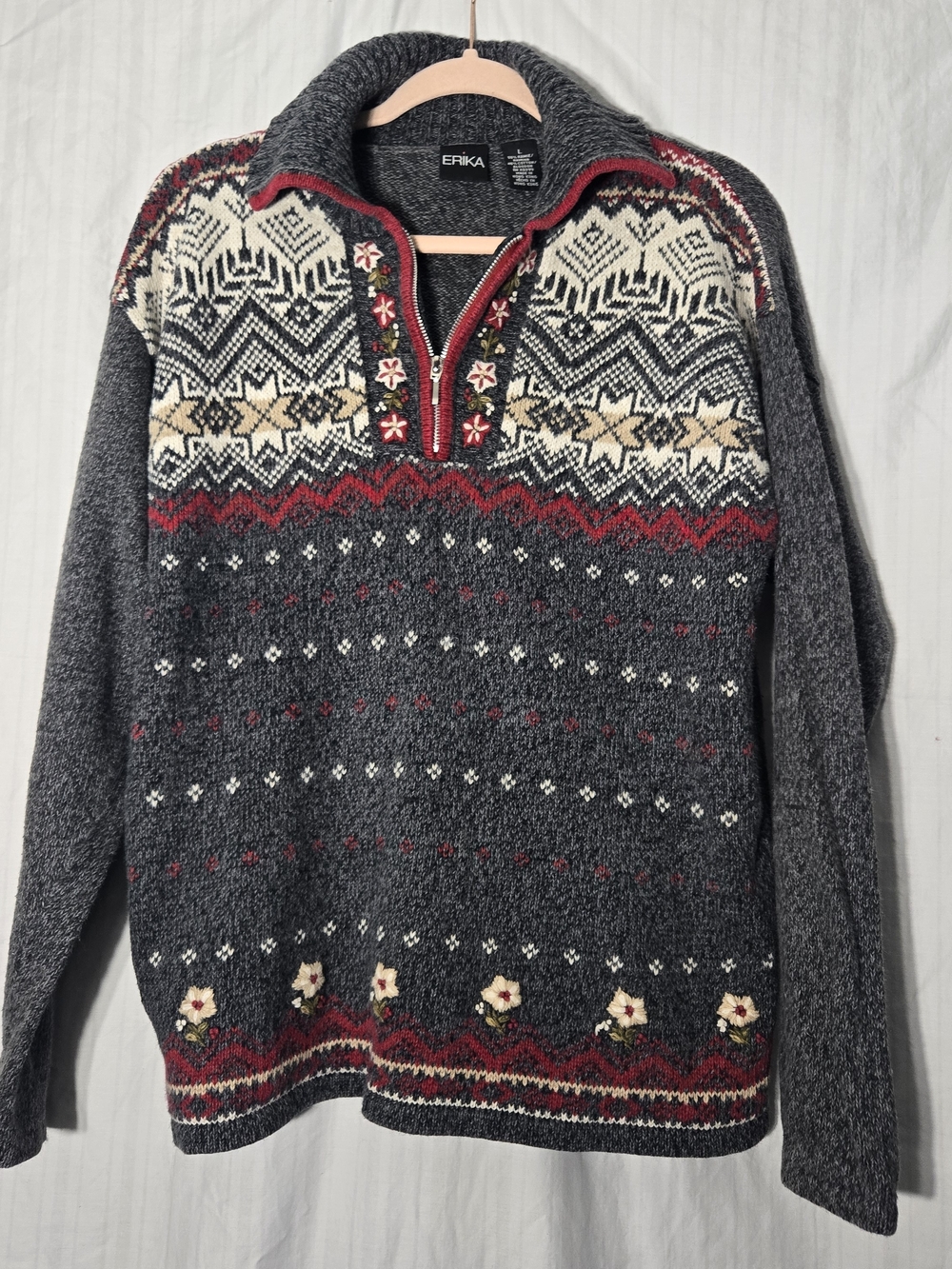 Vintage Erika Women’s Charcoal Gray Fair Isle Half-Zip Knit Sweater